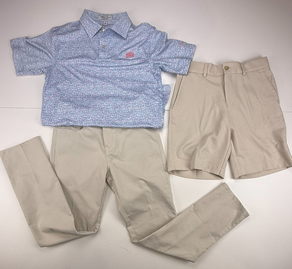 Peter Millar Womens M 8-10 Golf Outfit Set Polo Pants Shorts Blue Khaki 3pc